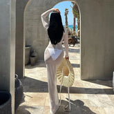 BXOXO Women Slash Neck Mesh See-Through Dress New Sexy Slim Pullover Long Sleeve Floor-Length Solid Dresses Beach Cover ups